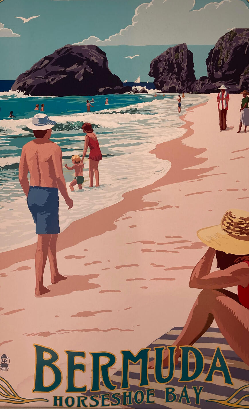 Bermuda An art print of a Bermuda beach with holiday goers.